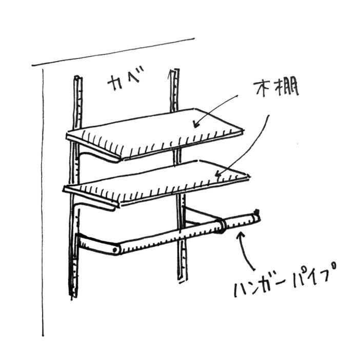 ハンガー機能付き木棚ラック